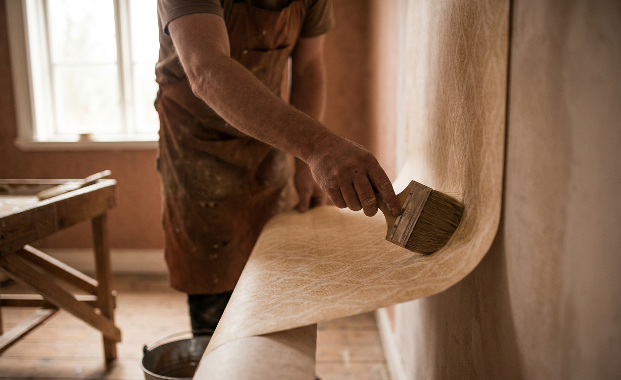 Pose de papier peint lors d'un chantier de tapissage à Verviers